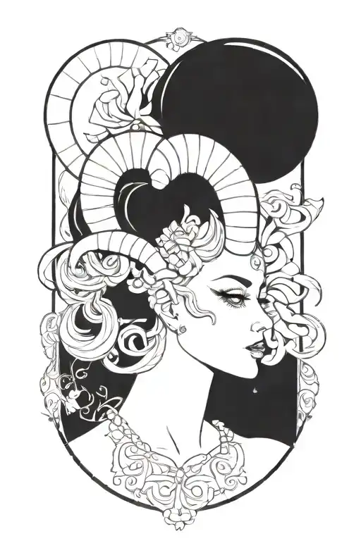 Woman zodiac sign Aries horns black without shades, a lot of black and simple tattoo design idea