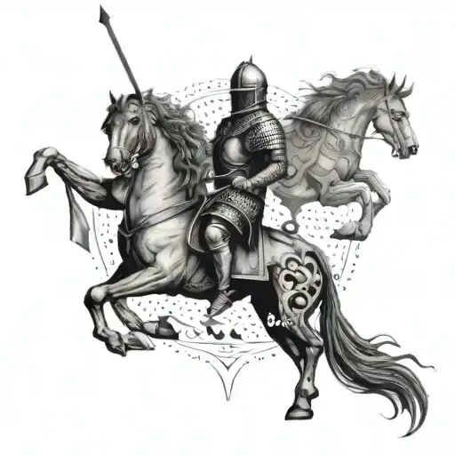 A medieval-inspired design with animals, knights, and mythical creatures intertwined tattoo design idea