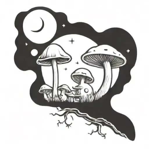 A whimsical gothic design featuring a mushroom, a toad, and the moon tattoo design idea
