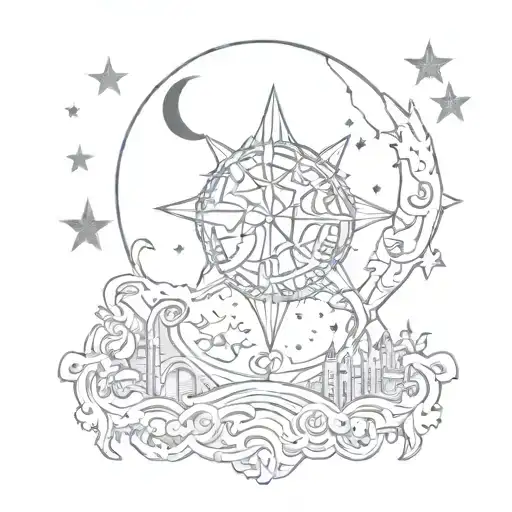 A whimsical gothic design with moon and star motifs intertwined with mystical creatures tattoo design idea