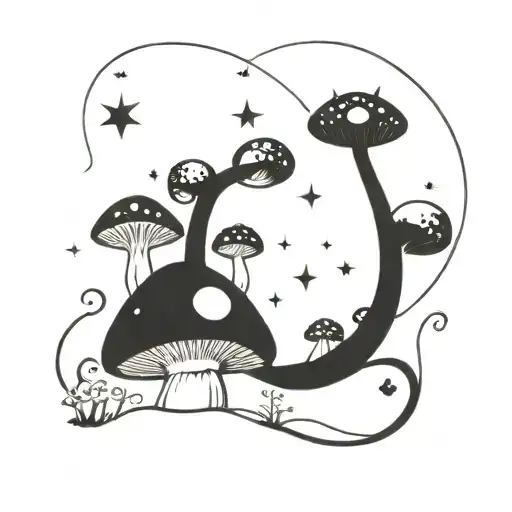 A gothic tattoo featuring mushrooms, toads, and celestial bodies like moon/stars/sun tattoo design idea