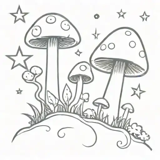 A gothic tattoo featuring mushrooms, toads, and celestial bodies like moon/stars/sun tattoo design idea