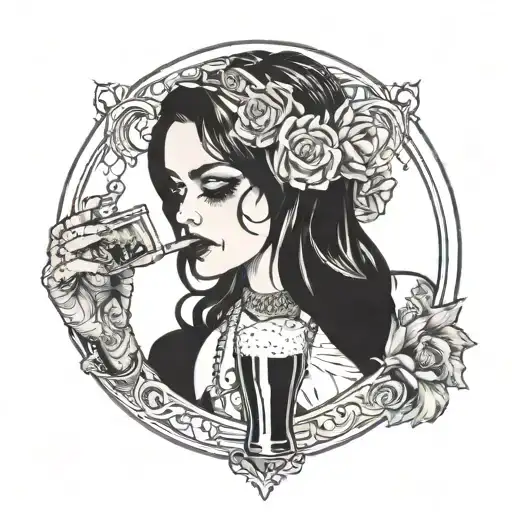 A femme fatale smoking a cigarette and holding a beer, with a skull necklace tattoo design idea