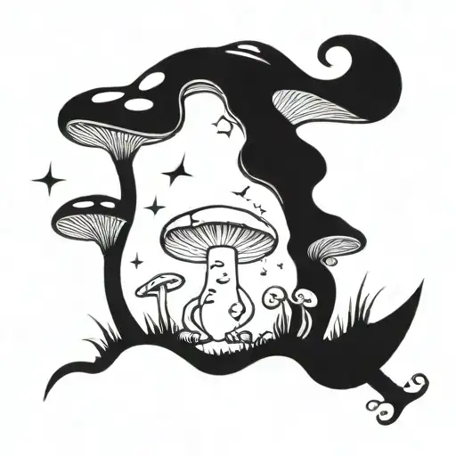 A whimsical gothic design featuring a mushroom, a toad, and the moon tattoo design idea