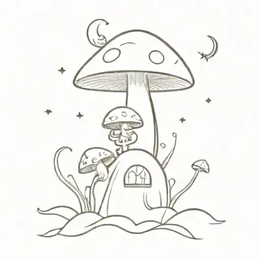 A whimsical gothic design featuring a mushroom, a toad, and the moon tattoo design idea