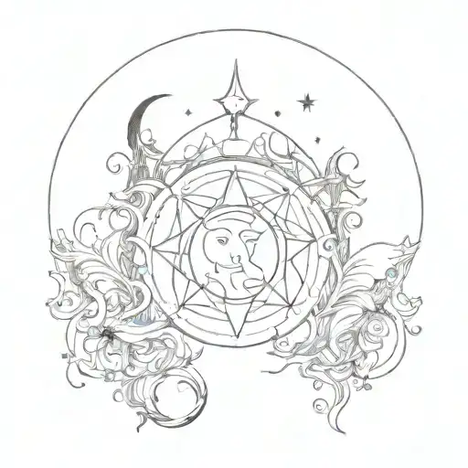 A whimsical gothic design with moon and star motifs intertwined with mystical creatures tattoo design idea