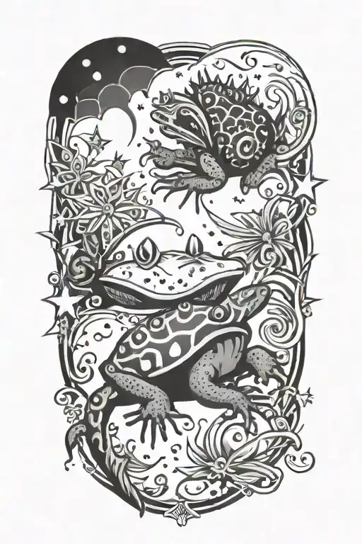 An intricate design with whimsical gothic motifs like stars and toads tattoo design idea