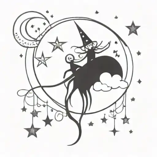 A whimsical gothic design with moon and star motifs intertwined with mystical creatures tattoo design idea