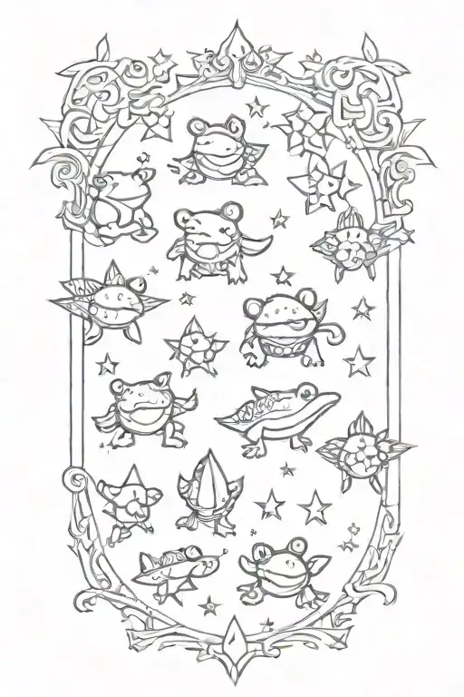 An intricate design with whimsical gothic motifs like stars and toads tattoo design idea
