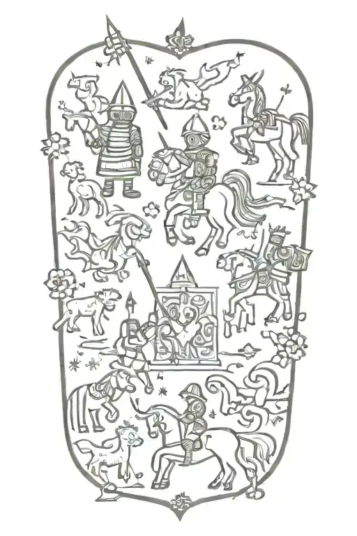 A whimsical tattoo combining medieval doodles with animals/knights/mythical creatures tattoo design idea