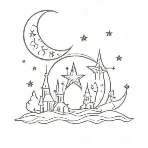 A whimsical gothic design with moon and star motifs intertwined with mystical creatures tattoo design idea