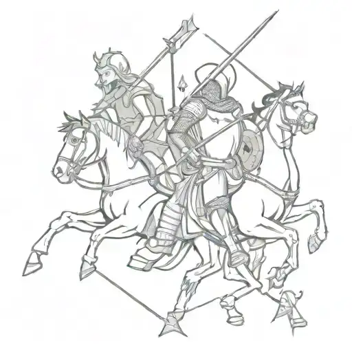 A medieval-inspired design with animals, knights, and mythical creatures intertwined tattoo design idea