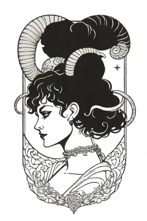 Zodiac sign Aries, woman, horns are black, no shades, year of birth 1981 tattoo design idea