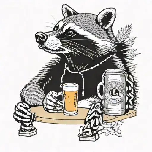 A combination of blackwork and dotwork tattoo featuring a raccoon hanging out with a group of beautiful women drinking beer and smoking, with sports equipment in the background tattoo design idea