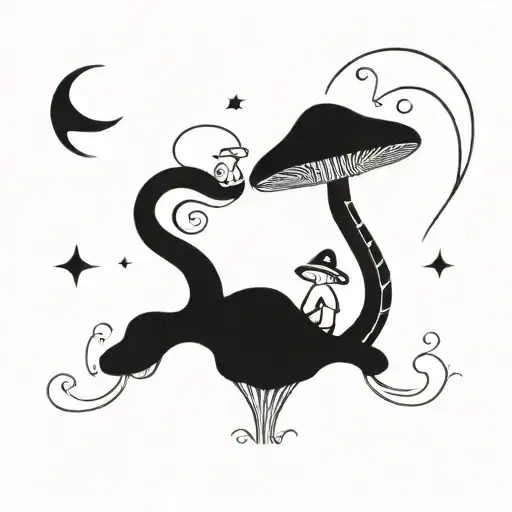 A whimsical gothic design featuring a mushroom, a toad, and the moon tattoo design idea
