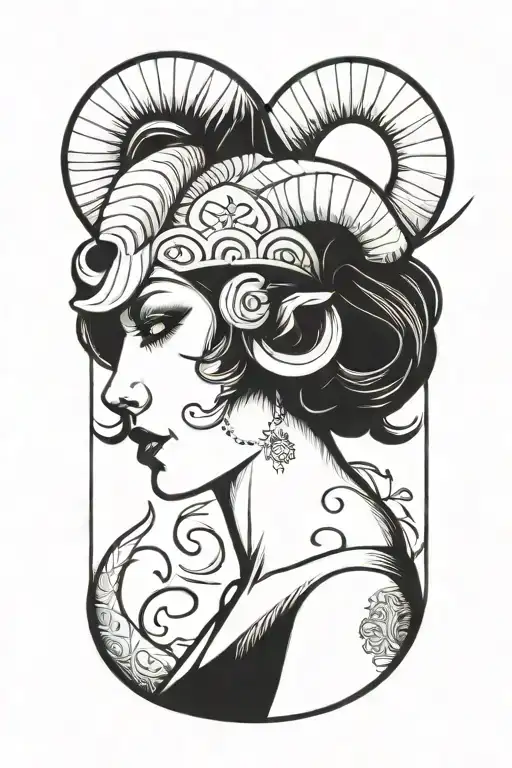 Zodiac sign Aries, woman, horns tattoo design idea