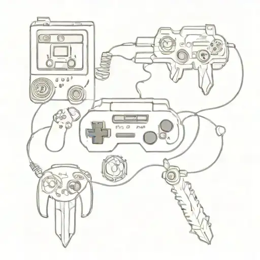An 80s inspired tattoo incorporating video game elements with medieval motifs tattoo design idea