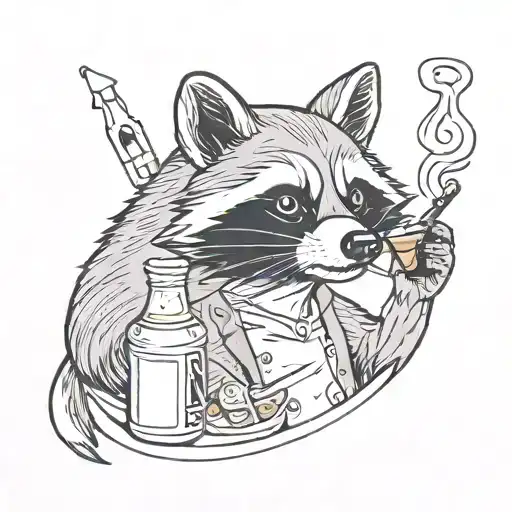 A sleek black and grey tattoo of a raccoon smoking a cigar, with a beer bottle nearby tattoo design idea