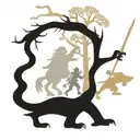 A fusion of medieval and nature elements such as knights battling mythical beasts in a forest setting tattoo design idea