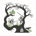 A fusion of medieval and nature elements such as knights battling mythical beasts in a forest setting tattoo design idea