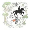 A fusion of medieval and nature elements such as knights battling mythical beasts in a forest setting tattoo design idea