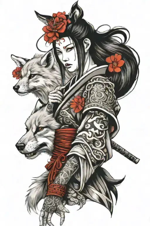 Hot Asian samurai girl with long black hair. with red flowers and fox tattoo design idea