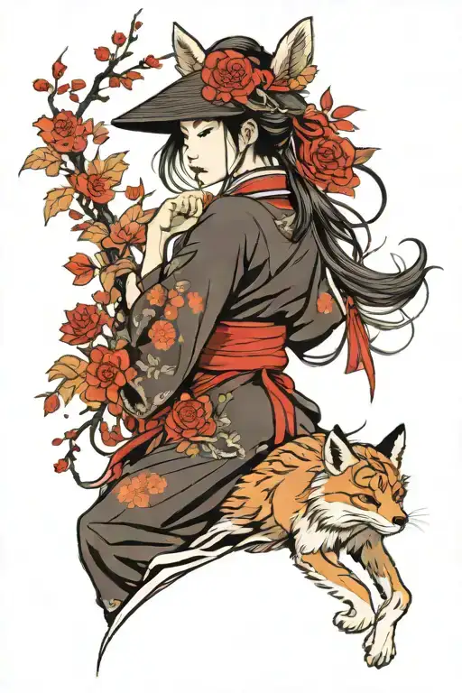 Hot Asian samurai girl with red flowers and fox tattoo design idea