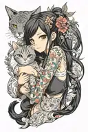 anime girl with tattoo and long black hair hug a cat  tattoo design idea