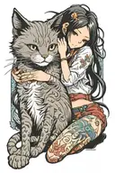 anime girl with tattoo and long black hair hug a cat  tattoo design idea