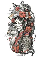 Hot Asian samurai girl with long black hair. with red flowers and fox tattoo design idea