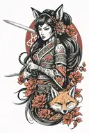 Hot Asian samurai girl with long black hair. with red flowers and fox tattoo design idea