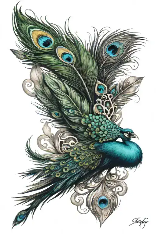 peacock feathers and trident  tattoo design idea