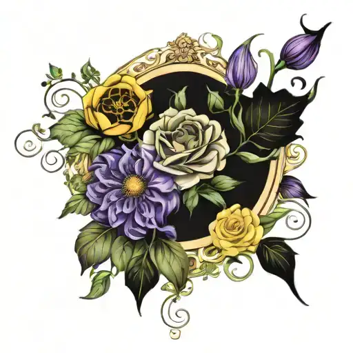 surround oval picture frame of vines, sunflowers, yellow roses, purple tulips for portrait tattoo design idea