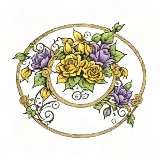 oval picture frame of vines, sunflowers, yellow roses, purple tulips  tattoo design idea