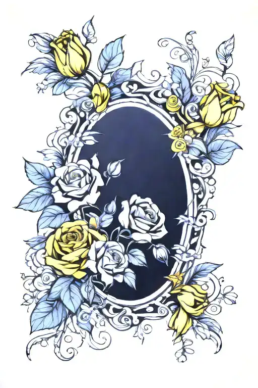 oval frame of vines sunflowers light yellow roses dart yellow tulips assorted flowers for portrait tattoo design idea