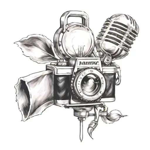Create a tattoo featuring a stage light bulb and a camera shutter blending together, symbolizing the client's love for both stage lighting and photography tattoo design idea