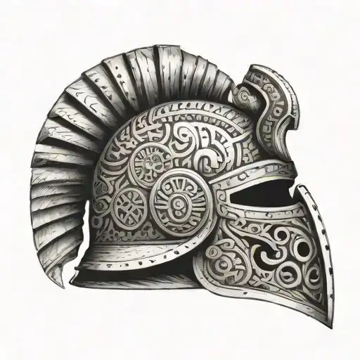 A conquistador helmet with Taino symbols intertwined tattoo design idea
