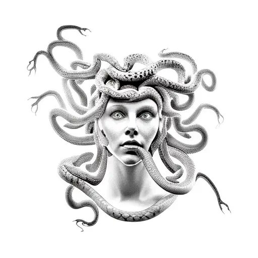 a live sculpture Medusa head with only 2 snakes tattoo design idea