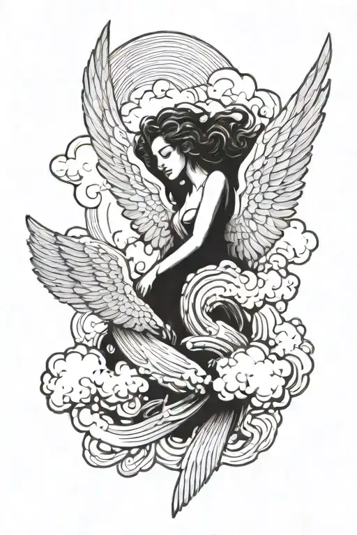 Angel wings spread wide in clouds tattoo design idea