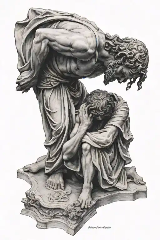 Roman statue bowing to jesus  tattoo design idea