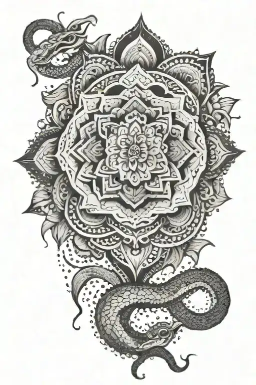 A mandala design incorporating Hindu dot work elements and a snake on the inner arm sleeve tattoo design idea