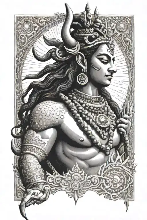 Hindu god Shiva depicted in intricate dot work on the inner arm sleeve tattoo design idea