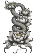 A snake coiled around a lotus flower in a black-grey style on the inner arm sleeve tattoo design idea