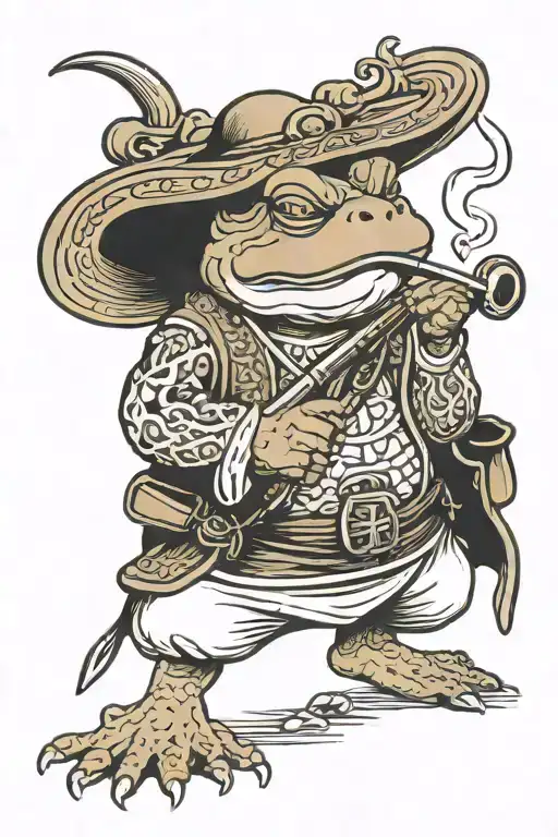 samurai toad smoking a pipe tattoo design idea