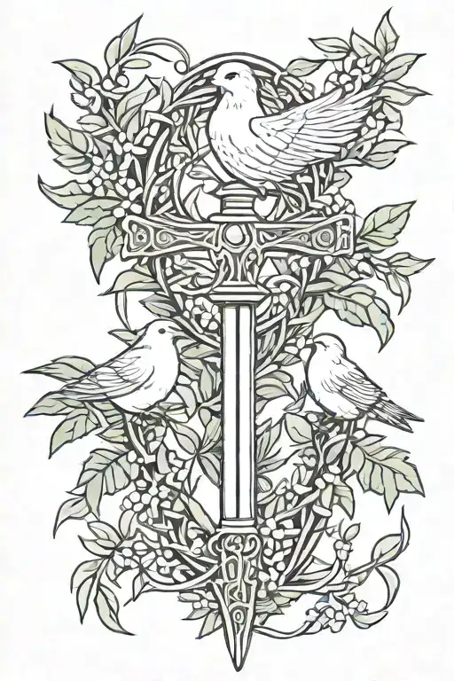 sword olive branches doves crown of thorns  tattoo design idea