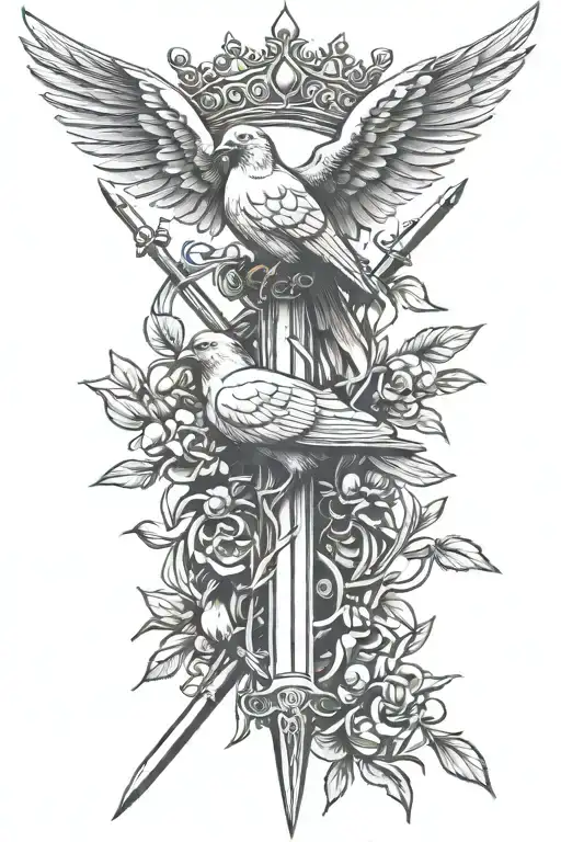 olive branch's doves crown of thorns sword  tattoo design idea