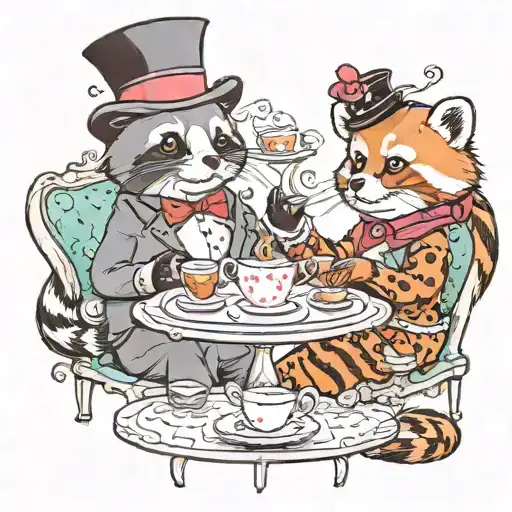 a fancy otter in a top hat and monocle with a red panda in a tiara having a tea party. colourful cartoon stlyle.  tattoo design idea