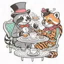 a fancy otter in a top hat and monocle with a red panda in a tiara having a tea party. colourful cartoon stlyle.  tattoo design idea