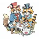 a fancy otter in a top hat and monocle with a red panda in a tiara having a tea party. colourful cartoon stlyle.  tattoo design idea