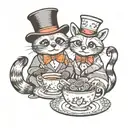 a fancy otter in a top hat and monocle with a red panda in a tiara having a tea party. colourful cartoon stlyle.  tattoo design idea